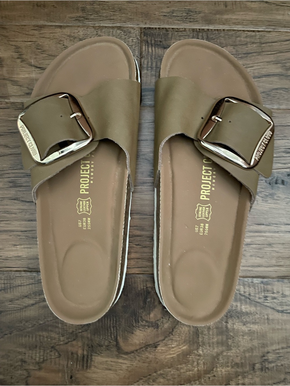 Project Cloud Tan Slide Sandals with Gold Buckle